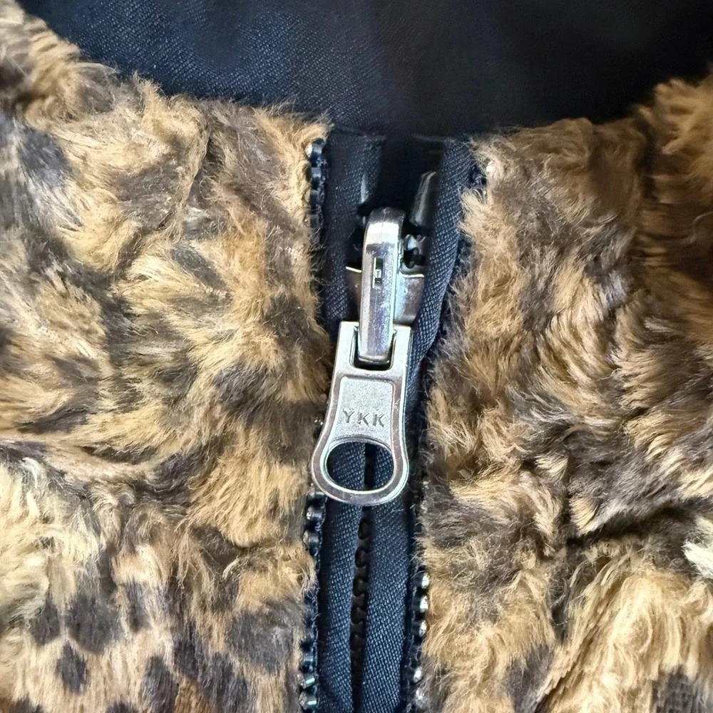 Y2K Leopard Print Faux Fur Rhinestone Zip Up Jacket Mock Neck Brown Black Small